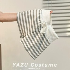 批发休闲简约撞色条纹针织短裤女夏季新款显瘦百搭高腰系带蝴蝶结裤子