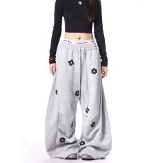 批发纯棉复合-美式花朵刺绣黑色弯刀卫裤女宽松显瘦慵懒垂感跳舞阔腿