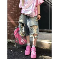 批发美式复古水洗破洞时髦牛仔短裤男女夏宽松休闲清凉五分裤