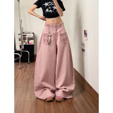 批发粉色格子拼接弯刀牛仔裤裤子女款2026夏季新款宽松休闲显瘦阔腿裤