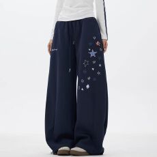 批发2026新美式复古星星刺绣卫裤<b class='q'>男</b>女同款宽松垂感<b class='q'>长裤</b><b class='q'>男</b>百搭休闲宽裤