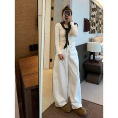 批发弯刀阔腿裤<b class='q'>女</b>春秋新款高腰宽松休闲垂感百搭白色工装直筒镰刀裤子