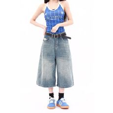 批发美式复古竹节纹破洞七分牛仔裤女夏季小个子宽松阔腿7分中裤