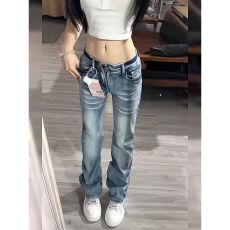 批发美式复古设计感水洗蓝低腰微喇牛仔裤女新款潮流折痕垂感直筒长裤