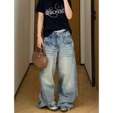 批发美式复古水洗猫须牛仔裤男女宽松休闲百搭直筒阔腿长裤