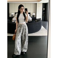 批发灰色印花花朵图案低腰阔腿牛仔裤2026早春日常百搭拖地弯刀裤休闲