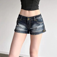 批发美式复古做旧水洗百搭牛仔裤女辣妹高腰百搭紧身包臀显瘦超<b class='q'>短裤</b>