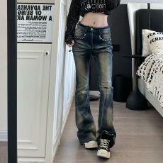 批发复古美式辣妹修身显瘦铆钉水洗做旧牛仔裤微喇窄版直筒裤子男女款
