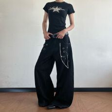 批发2026美式复古铆钉高腰水洗做旧牛仔裤女夏季新款宽松显瘦直筒裤