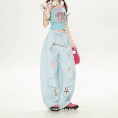 批发设计感小众蓝色贝壳海星刺绣夏季阔腿裤女2026新款多巴胺休闲长裤