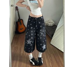 批发美式趣味刺绣高街牛仔裤七分裤男女夏季新款宽松休闲直筒阔腿短裤