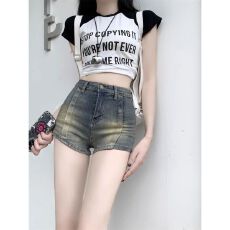 批发美式复古牛仔短裤女夏季辣妹设计感高腰修身显瘦做旧a字短裤热裤