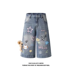 批发2026美式复古痞帅做旧破洞牛仔裤男女新款高街宽松直筒阔腿长裤子