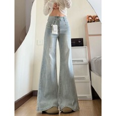 批发浅蓝色不贴腿微喇牛仔裤女2026夏季新款高腰宽松显瘦马蹄喇叭裤潮