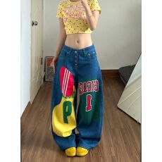 批发美式复古辣妹牛仔裤女小众宽松显瘦直筒阔腿拖地裤
