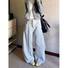 批发美式复古解构单排扣设计弯刀牛仔裤男女高街宽松休闲百搭阔腿长裤