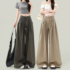 批发【实价】慵懒垂感阔腿休闲裤女设计感褶皱宽松高腰百搭<b class='q'>西装</b>长裤子