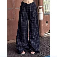 批发春季美式复古格纹排扣休闲裤男女宽松慵懒垂感阔腿显瘦拖地长裤