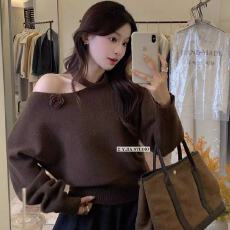 2025新款高级感一字斜露肩长袖针织衫上衣秋冬季款