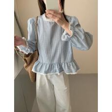 批发2026年初春两色韩系<b class='q'>衬衫</b>棉感格子蕾丝<b class='q'>长袖</b>上衣减龄前后设计感小衫