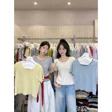 简韩花边小标短袖针织衫正肩短袖t恤女夏小个子修身针织上衣