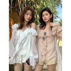 批发THE LEMON十三行女装温柔风荷叶边V领雪纺衬衫<b class='q'>不规则</b>露肩吊带上衣