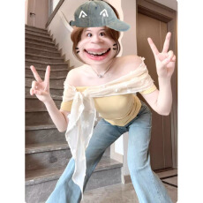 批发260克广州人棉螺纹棉原版广州蕾丝边花<b class='q'>网纱</b>立体花斜肩一字肩