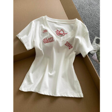 批发【原版镂空刺绣+后包领】镂空刺绣<b class='q'>V领</b>修身短袖T恤夏季新款设计感