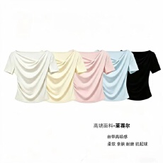 批发【90%莱赛尔广州面料，原版做法】设计堆堆领短袖纯色T恤辣妹上衣