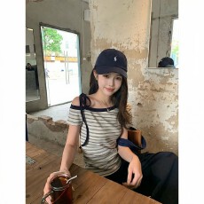 批发【95%精棉色织条纹布】条纹撞色斜领短袖t恤系带设计小众百搭上衣