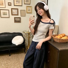 批发【95%精棉色织条纹布】条纹撞色斜领短袖t恤系带设计小众百搭上衣