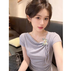 批发【广州260人棉 蝴蝶带夹子】法式温柔荡领立体蝴蝶结短袖辣妹上衣