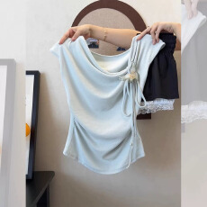 批发【广州260人棉 蝴蝶带夹子】法式温柔荡领立体蝴蝶结短袖辣妹上衣