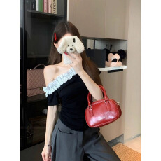 批发【260克广州人棉】斜领纯欲风辣妹常规款修身显瘦短袖设计感上衣