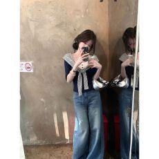 40支精棉+色织条纹藏青色方领披肩假两件五分袖T恤设计上衣女