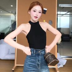 批发【莱雅螺纹 原版做法】性感辣妹黑色半高领吊带背心无袖挂脖上衣