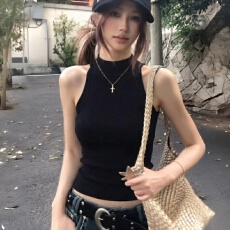 批发【莱雅螺纹 原版做法】性感辣妹黑色半高领吊带背心无袖挂脖上衣