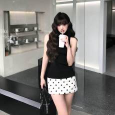 批发【莱雅螺纹 原版做法】性感辣妹黑色半高领吊带背心无袖挂脖上衣