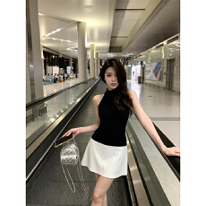 批发【莱雅螺纹 原版做法】性感辣妹黑色半高领吊带背心无袖挂脖上衣