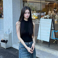 批发【莱雅螺纹 原版做法】性感辣妹黑色半高领吊带背心无袖挂脖上衣