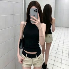 批发【莱雅螺纹 原版做法】性感辣妹黑色半高领吊带背心无袖挂脖上衣