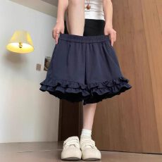 批发【带口袋+凉感面料】藏青色高腰休闲短裤女夏季设计感木耳边裤子