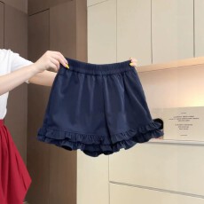 批发【带口袋+凉感面料】藏青色高腰休闲短裤女夏季设计感木耳边裤子