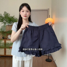 批发【带口袋+凉感面料】藏青色高腰休闲短裤女夏季设计感木耳边裤子