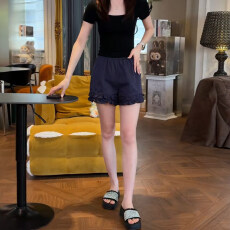 批发【带口袋+凉感面料】藏青色高腰休闲短裤女夏季设计感木耳边裤子