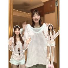 批发莱赛尔面料抖音原版做法条纹v领薄纱防晒罩衫女设计感上衣