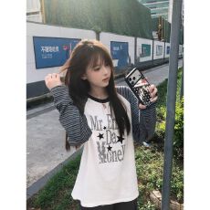 批发【色织条纹+莱雅】复古圆领做旧字母星星条纹宽松T恤长袖上衣女