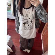 批发【色织条纹+莱雅】复古圆领做旧字母星星条纹宽松T恤长袖上衣女