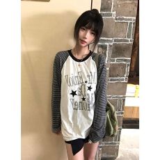 批发【色织条纹+莱雅】复古圆领做旧字母星星条纹宽松T恤长袖上衣女