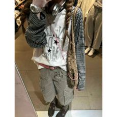 批发【色织条纹+莱雅】复古圆领做旧字母星星条纹宽松T恤长袖上衣女